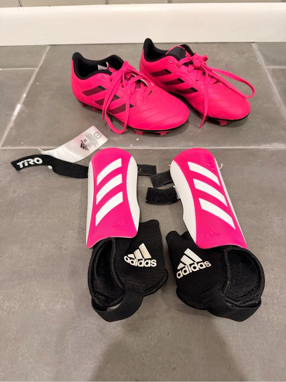 adidas Goletto Pink Youth Soccer Cleats with Matching Pink & White Shin Guards
